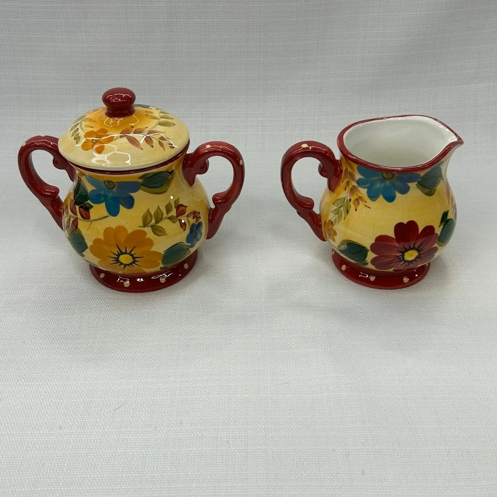 Oneida Sunset Bouquet Creamer & Sugar Bowl Set Yellow Red Floral Hand Painted